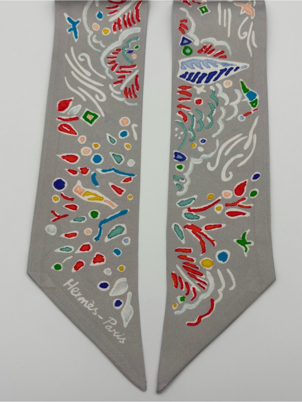 Hermes Isola Di Primavera Twilly Scarf Gris Perle Grenadine Multicolor - Picture 3 of 6